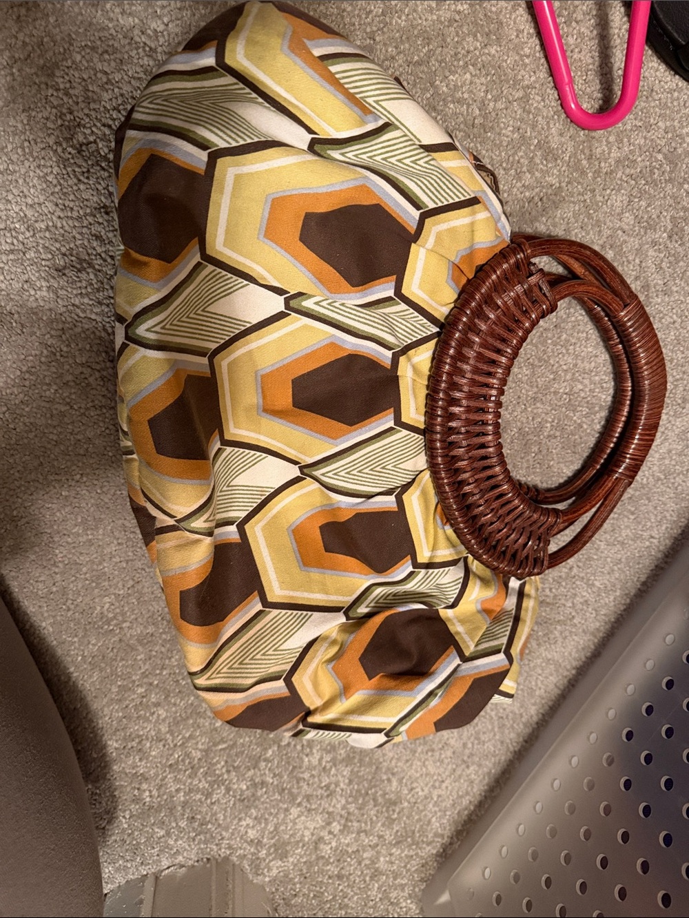 Geometric Print Hobo Bag with Woven Round Handle - Brown & Yellow